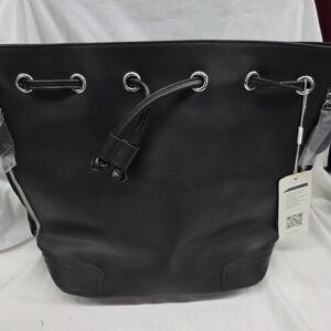 Kenoor Women's Black Leather Drawstring Tote with Silver Hardware